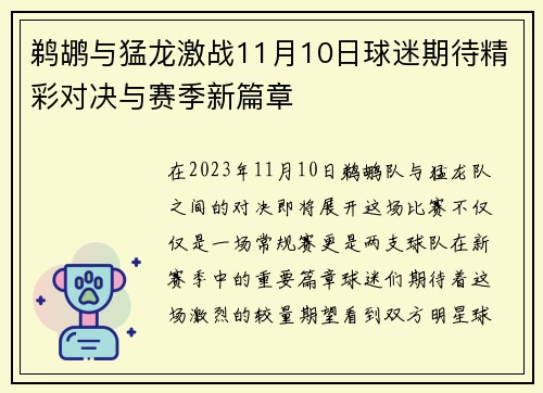 鹈鹕与猛龙激战11月10日球迷期待精彩对决与赛季新篇章